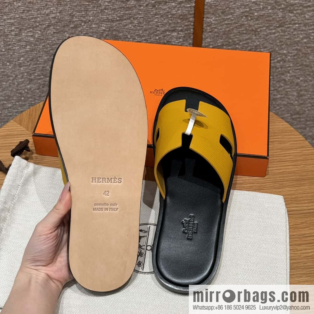 HERMES 182 -Lzmir Men's slippers Men's slippers, cowhide/Epsom amber yellow/9D Jaune Amdre/with black feet