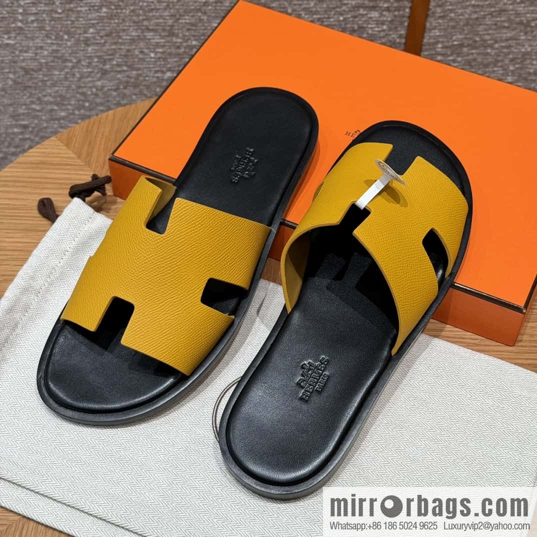 HERMES 182 -Lzmir Men's slippers Men's slippers, cowhide/Epsom amber yellow/9D Jaune Amdre/with black feet