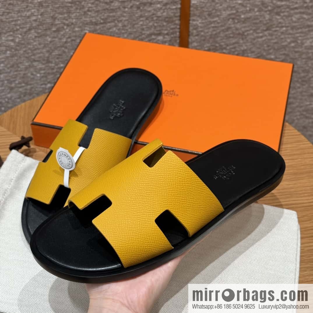 HERMES 182 -Lzmir Men's slippers Men's slippers, cowhide/Epsom amber yellow/9D Jaune Amdre/with black feet