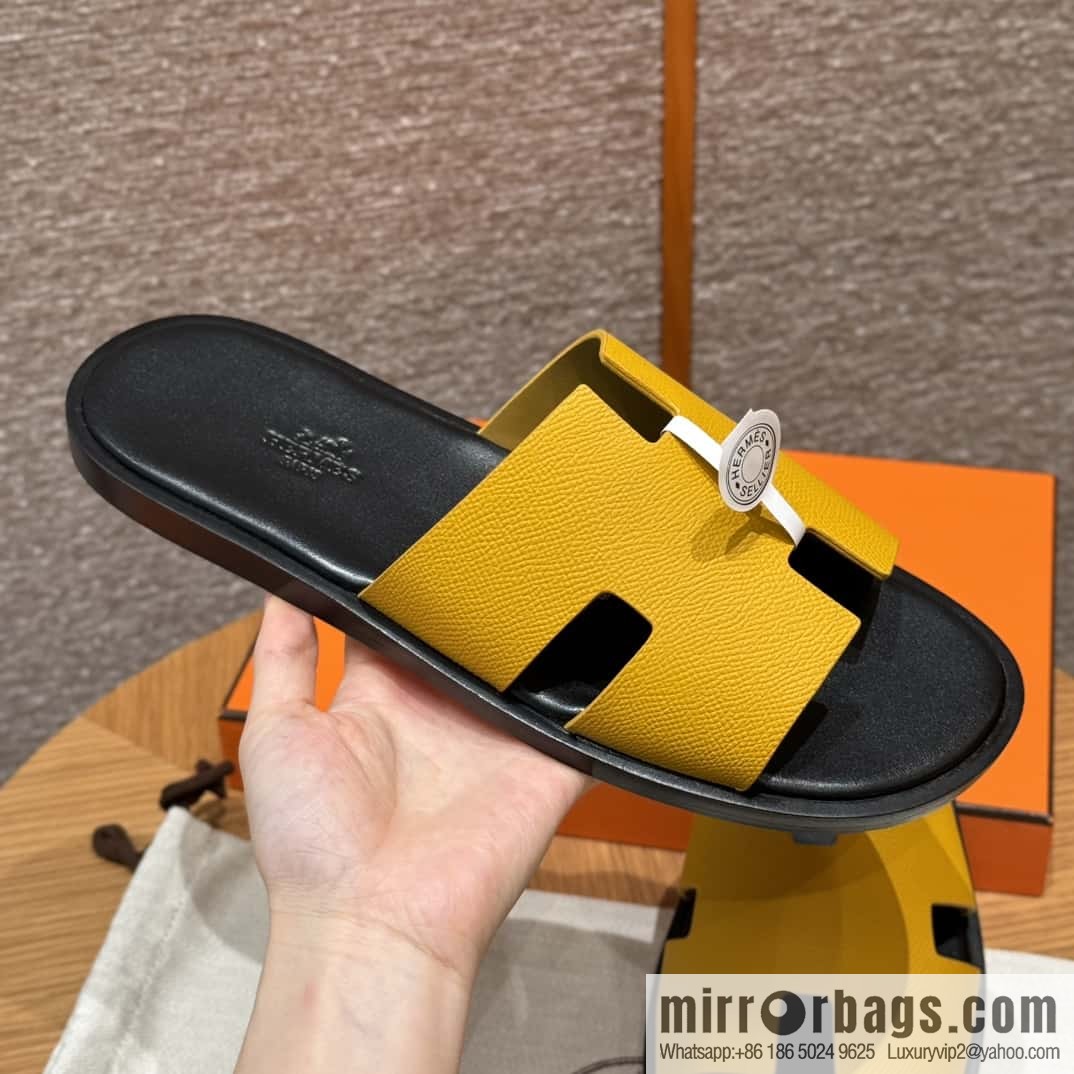 HERMES 182 -Lzmir Men's slippers Men's slippers, cowhide/Epsom amber yellow/9D Jaune Amdre/with black feet