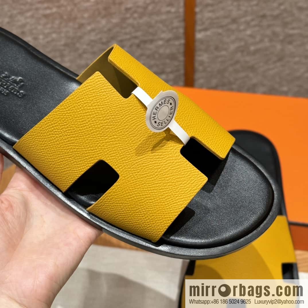 HERMES 182 -Lzmir Men's slippers Men's slippers, cowhide/Epsom amber yellow/9D Jaune Amdre/with black feet