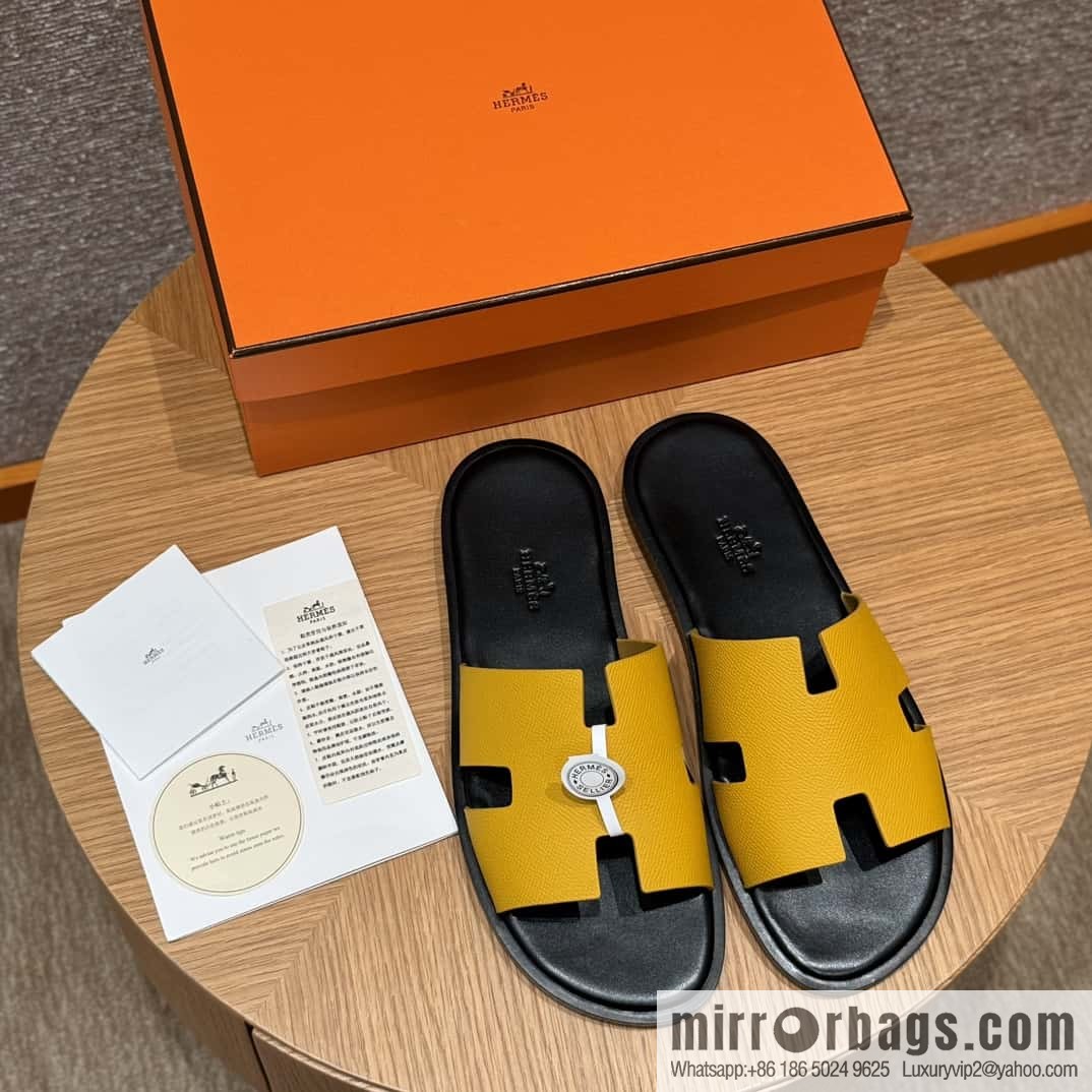 HERMES 182 -Lzmir Men's slippers Men's slippers, cowhide/Epsom amber yellow/9D Jaune Amdre/with black feet