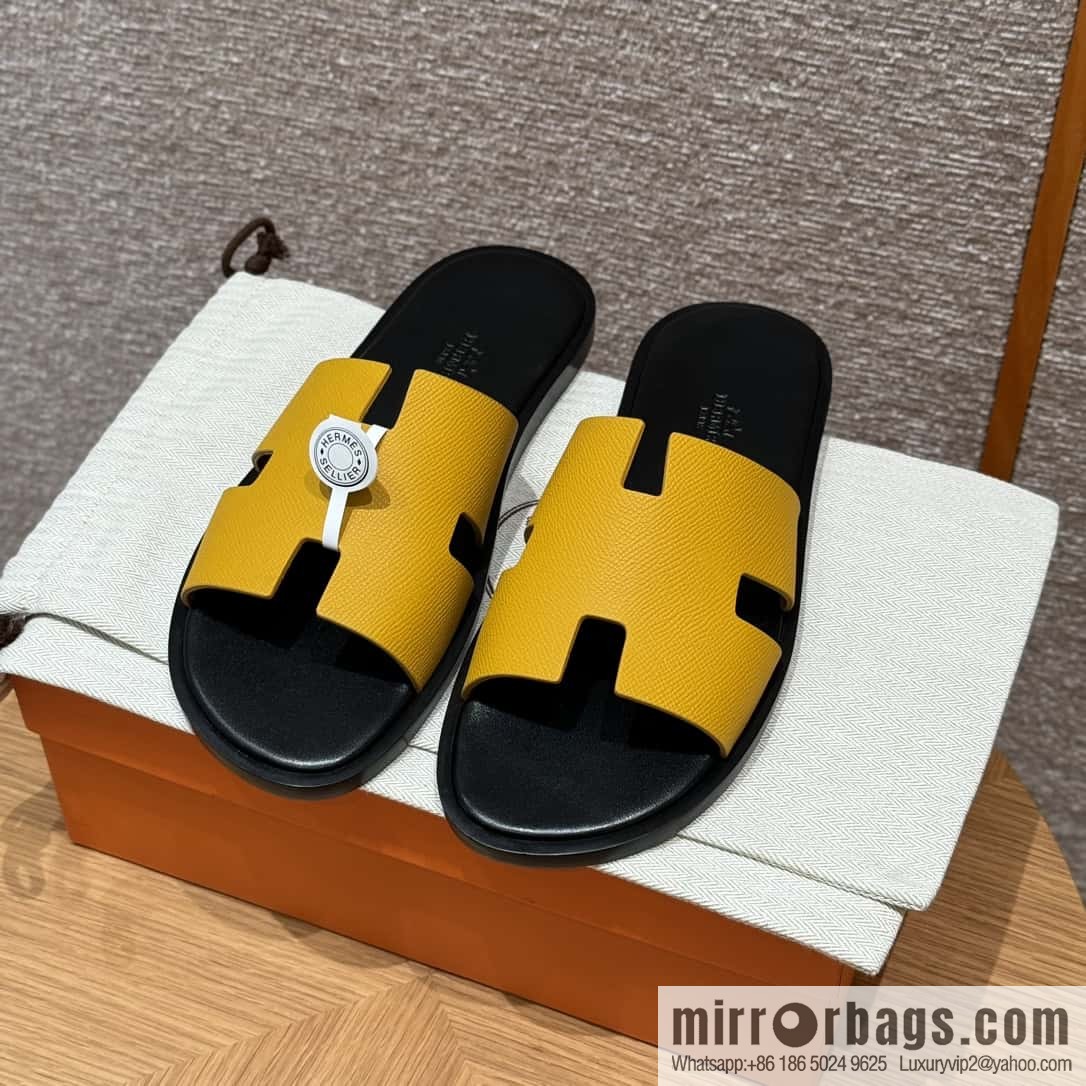 HERMES 182 -Lzmir Men's slippers Men's slippers, cowhide/Epsom amber yellow/9D Jaune Amdre/with black feet
