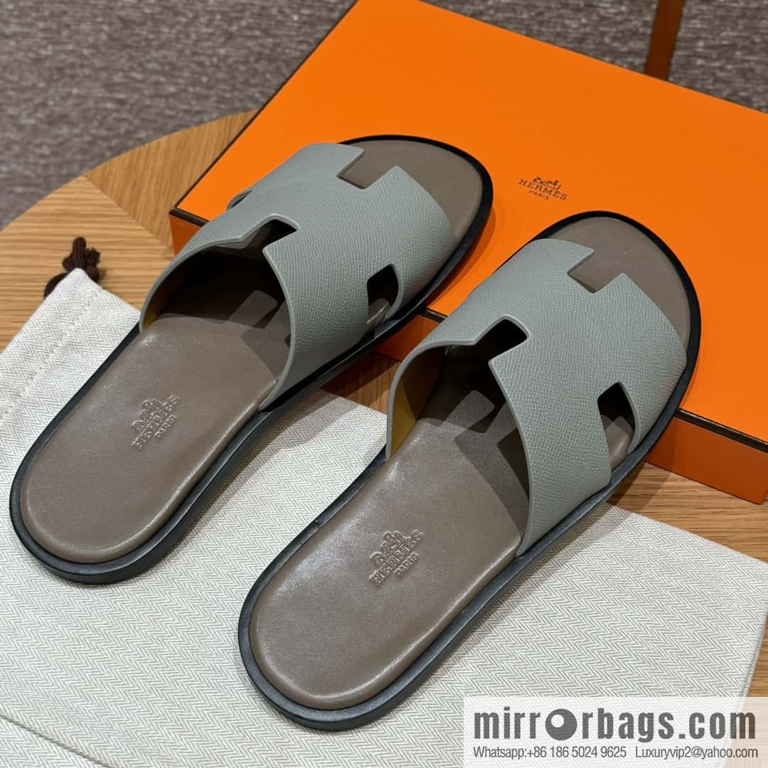 HERMES 182 -Lzmir Men's slippers, palm print calfskin/Epsom/Calfskin blue/8U/Blueglacier/with bulk foot pads