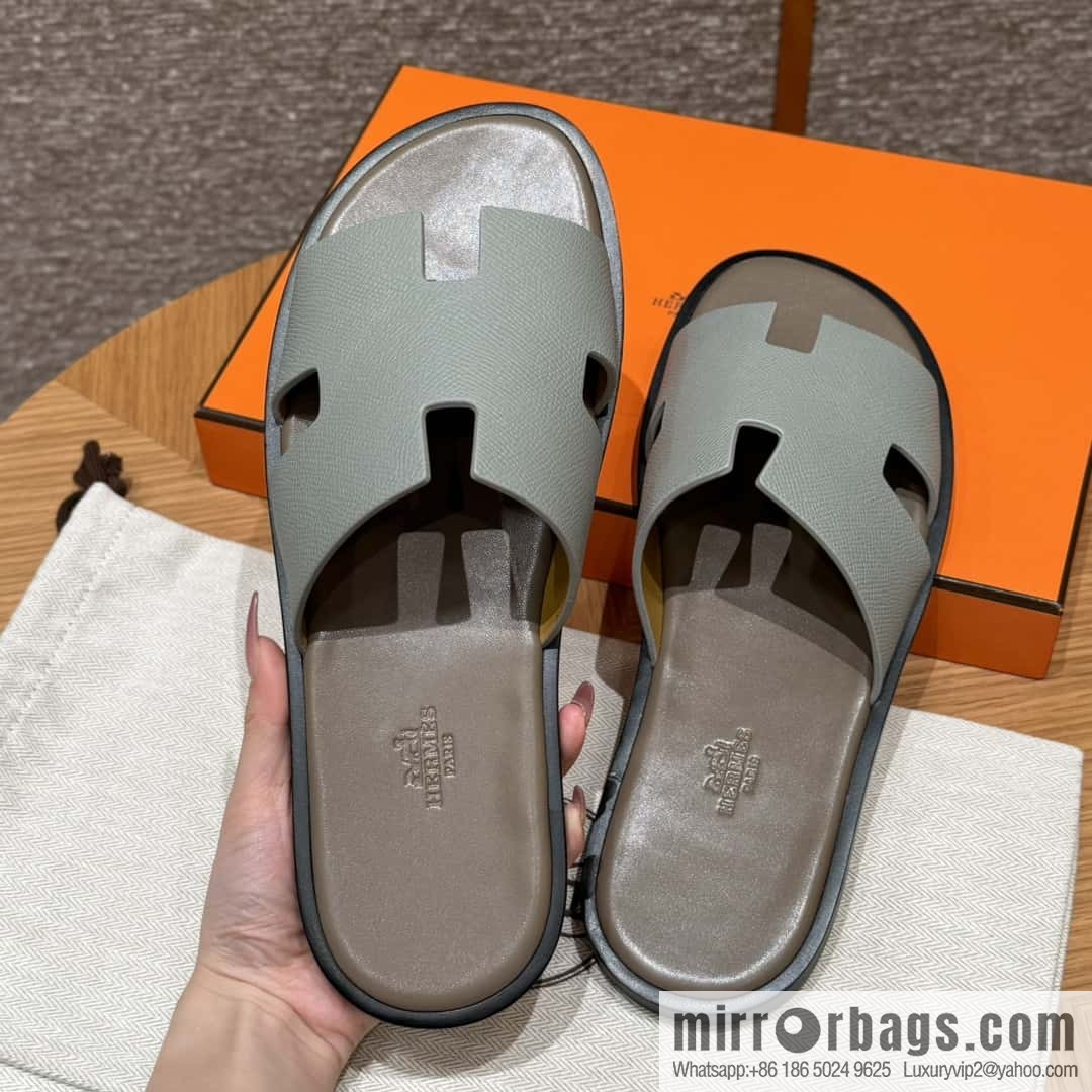 HERMES 182 -Lzmir Men's slippers, palm print calfskin/Epsom/Calfskin blue/8U/Blueglacier/with bulk foot pads