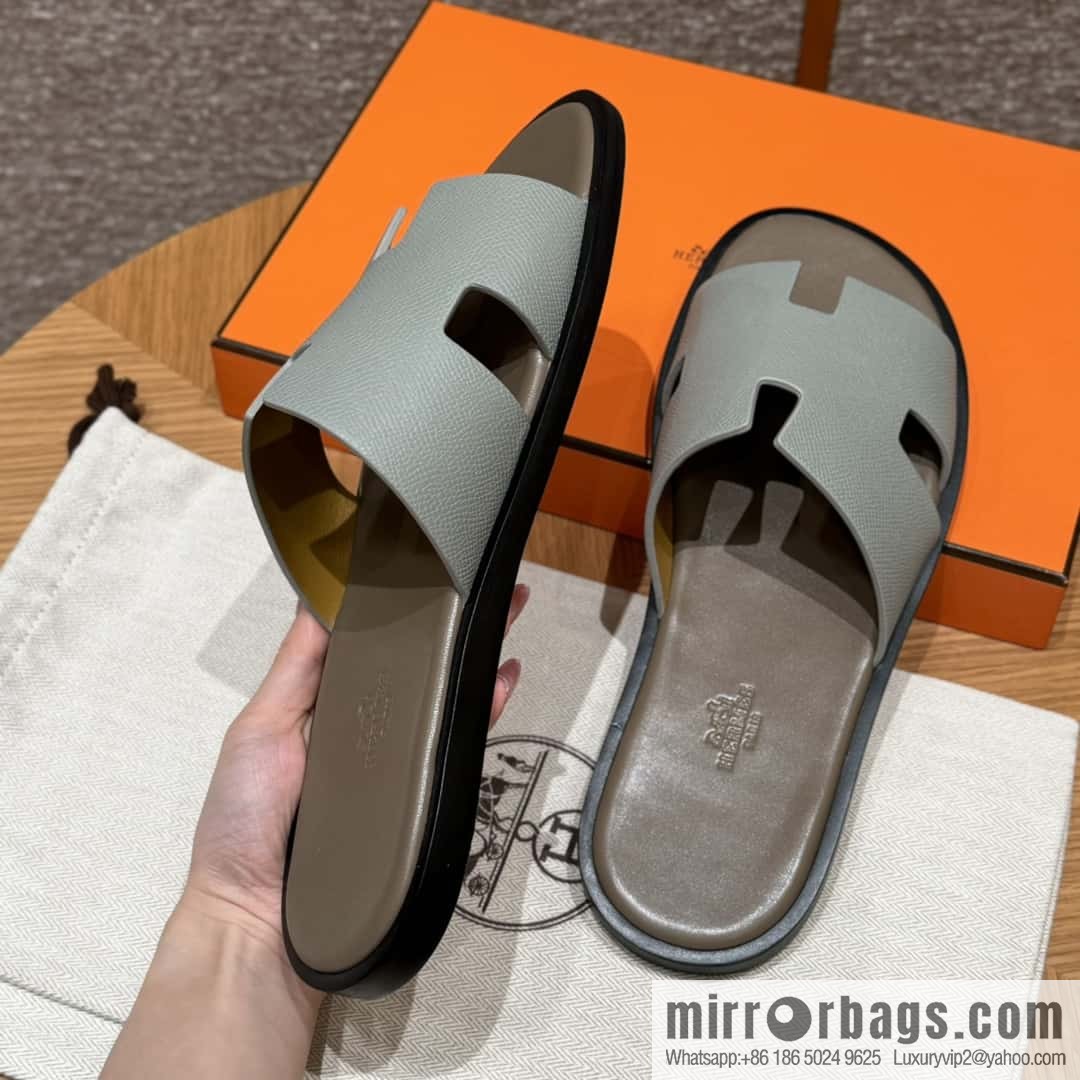 HERMES 182 -Lzmir Men's slippers, palm print calfskin/Epsom/Calfskin blue/8U/Blueglacier/with bulk foot pads