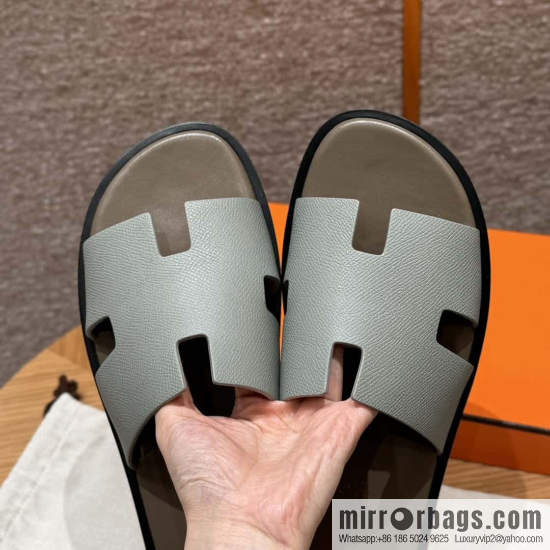 HERMES 182 -Lzmir Men's slippers, palm print calfskin/Epsom/Calfskin blue/8U/Blueglacier/with bulk foot pads