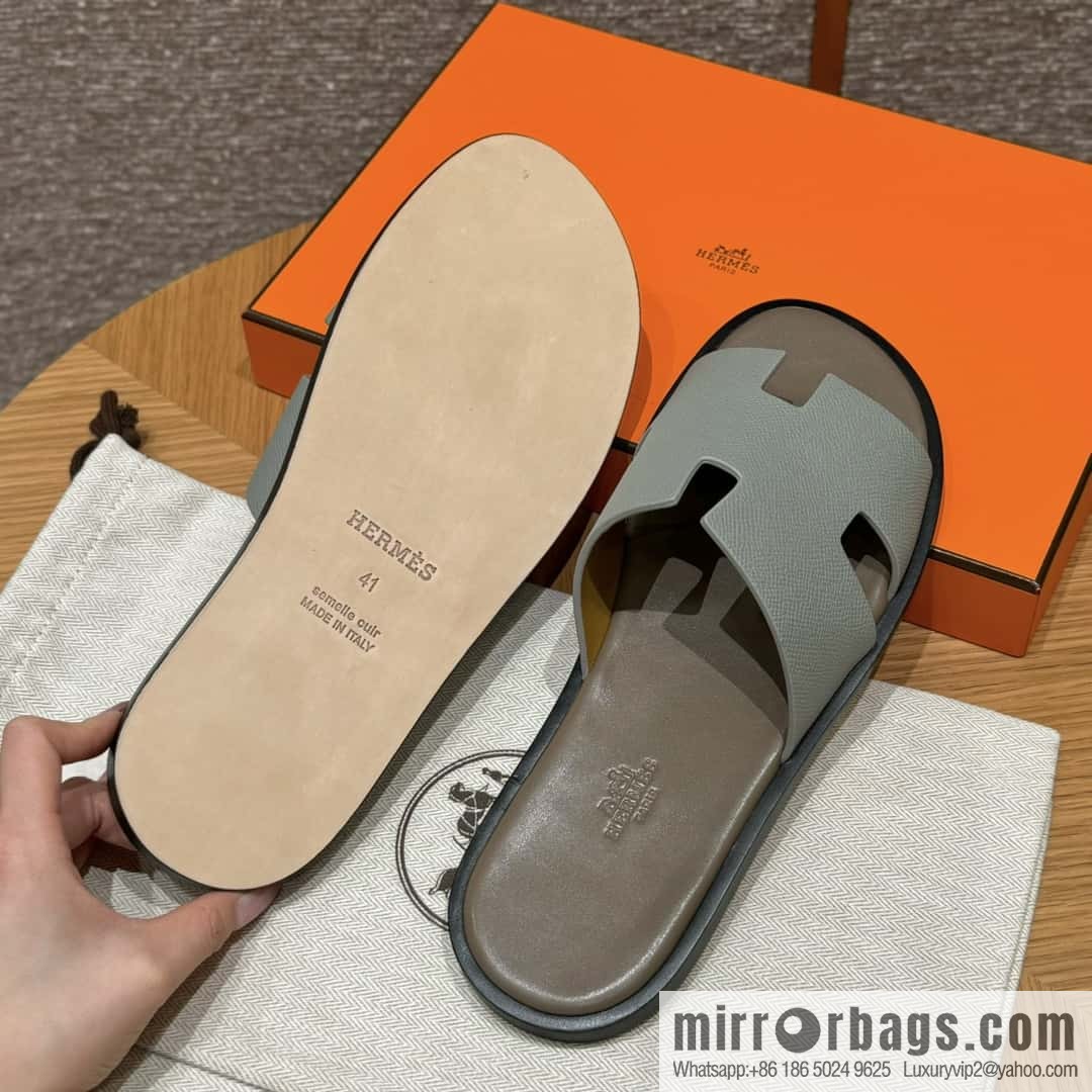HERMES 182 -Lzmir Men's slippers, palm print calfskin/Epsom/Calfskin blue/8U/Blueglacier/with bulk foot pads