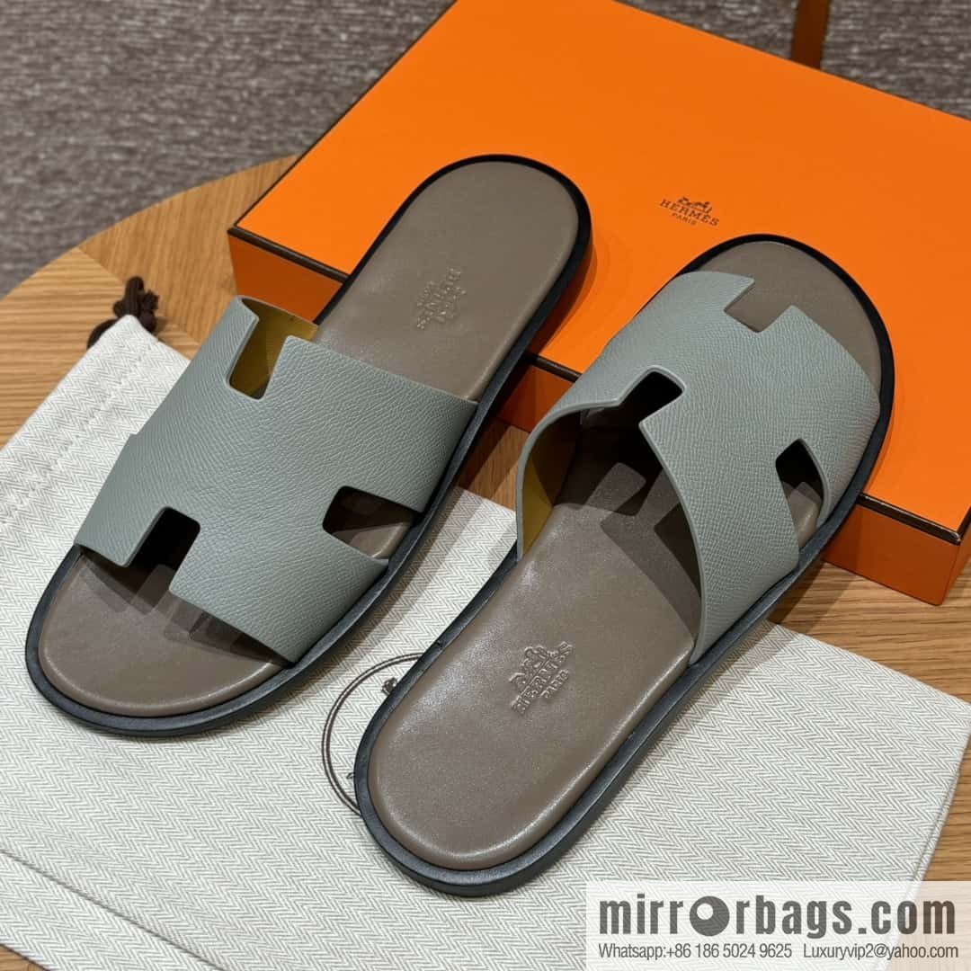 HERMES 182 -Lzmir Men's slippers, palm print calfskin/Epsom/Calfskin blue/8U/Blueglacier/with bulk foot pads