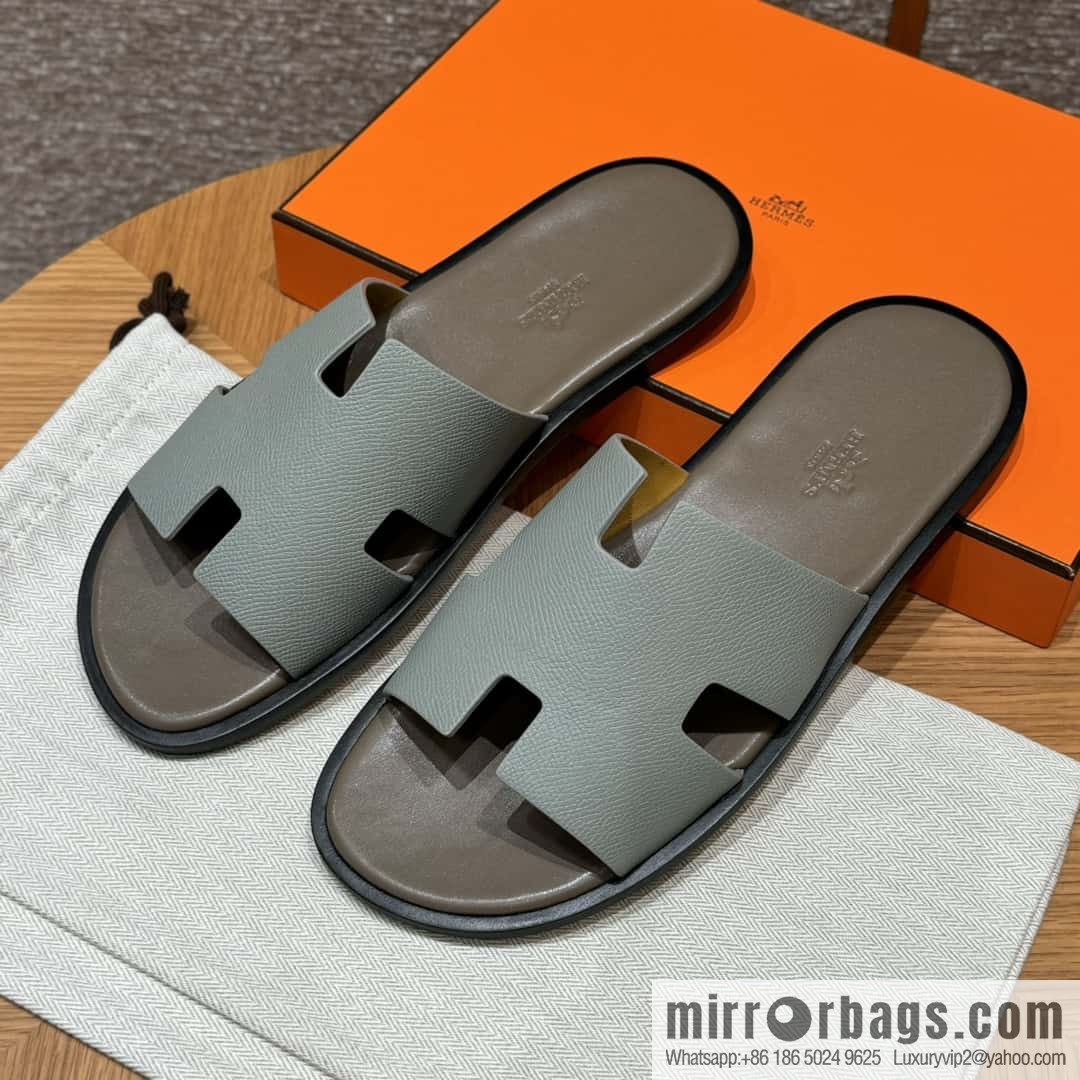 HERMES 182 -Lzmir Men's slippers, palm print calfskin/Epsom/Calfskin blue/8U/Blueglacier/with bulk foot pads
