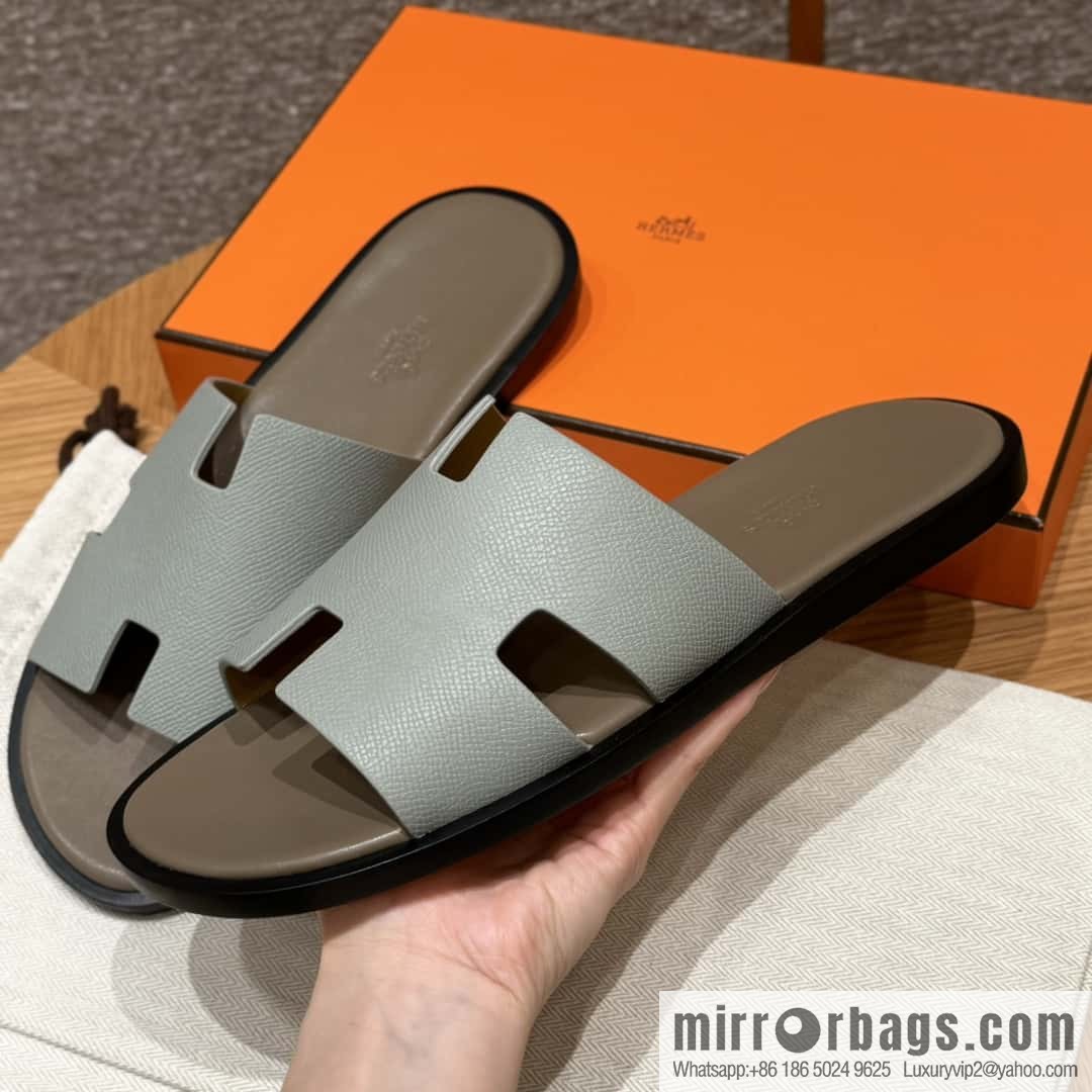 HERMES 182 -Lzmir Men's slippers, palm print calfskin/Epsom/Calfskin blue/8U/Blueglacier/with bulk foot pads