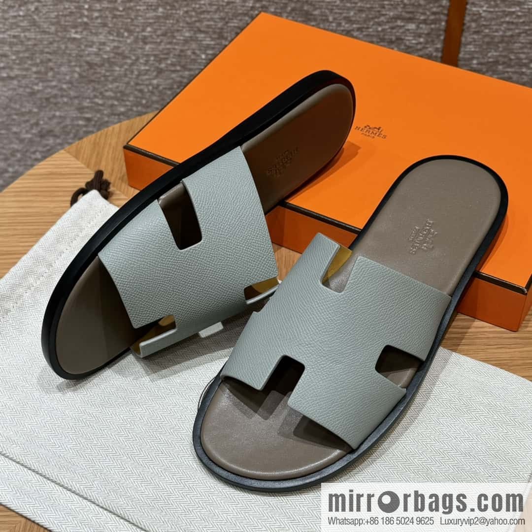 HERMES 182 -Lzmir Men's slippers, palm print calfskin/Epsom/Calfskin blue/8U/Blueglacier/with bulk foot pads