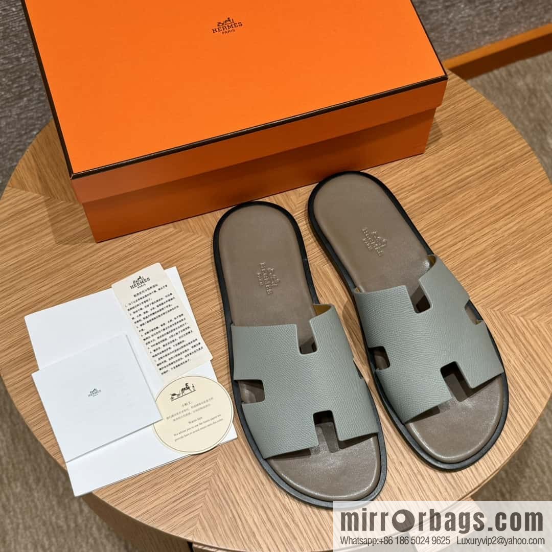 HERMES 182 -Lzmir Men's slippers, palm print calfskin/Epsom/Calfskin blue/8U/Blueglacier/with bulk foot pads