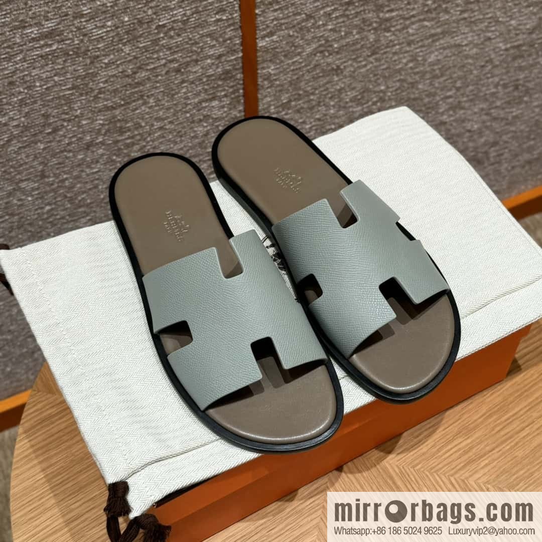 HERMES 182 -Lzmir Men's slippers, palm print calfskin/Epsom/Calfskin blue/8U/Blueglacier/with bulk foot pads
