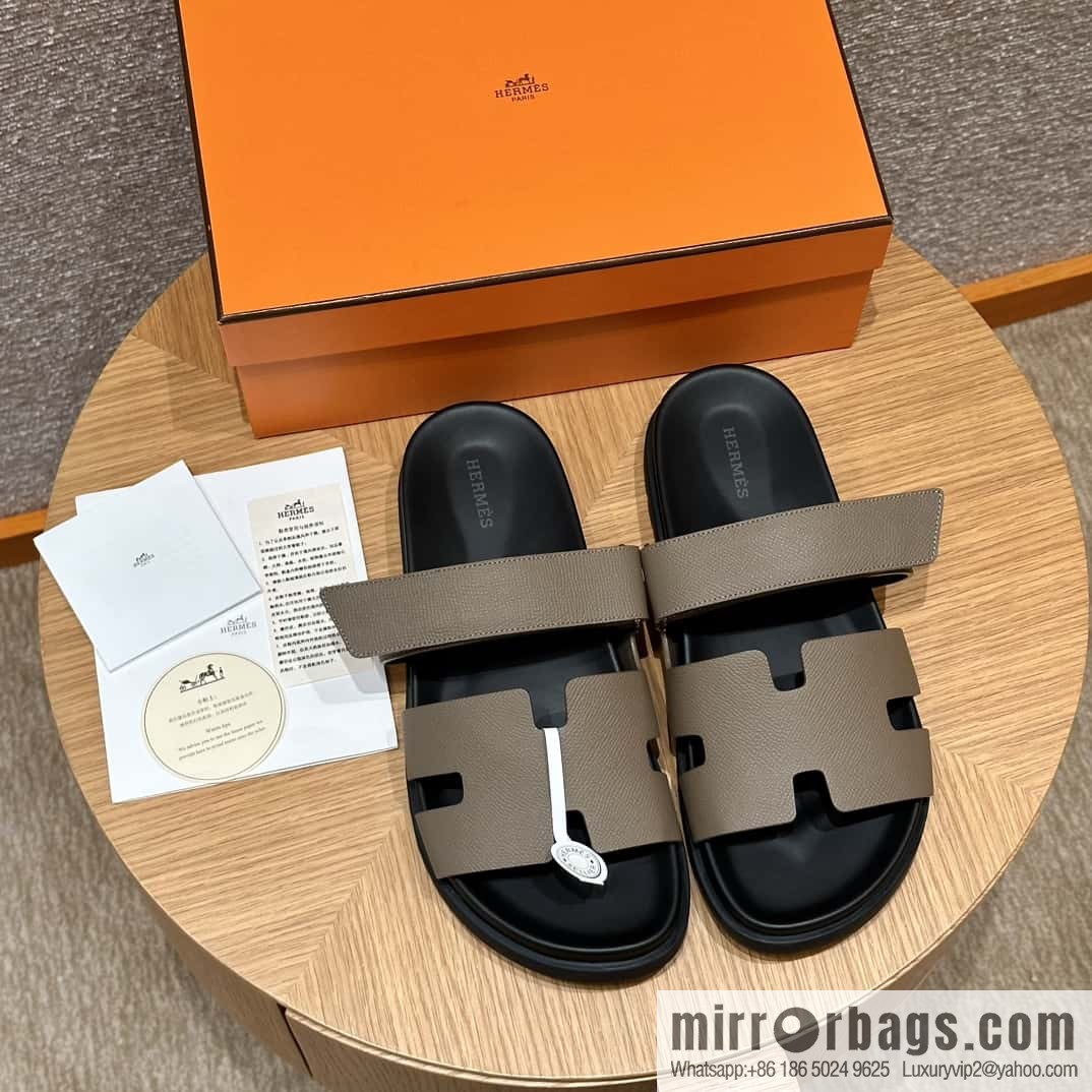 HERMES 180 CHYPRE SANDAL uncle shoes, palm print/Epsom elephant gray/18/Etoupe
