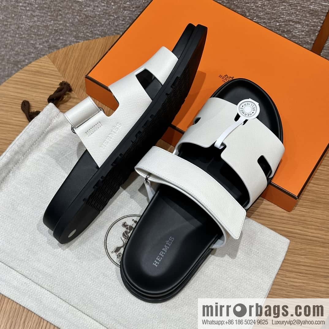 HERMES 180 CHYPRE SANDAL uncle shoes, palm print/Epsom pure white/Blanc