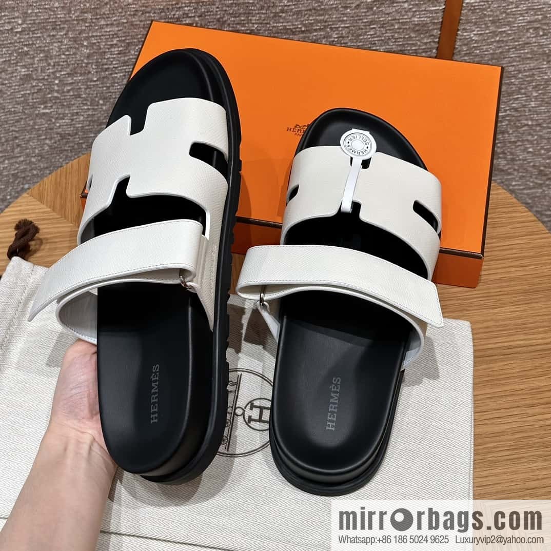 HERMES 180 CHYPRE SANDAL uncle shoes, palm print/Epsom pure white/Blanc