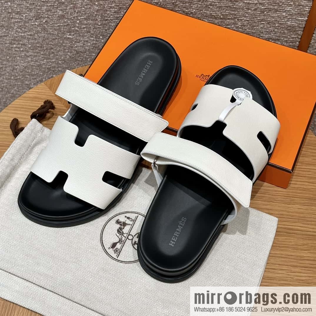 HERMES 180 CHYPRE SANDAL uncle shoes, palm print/Epsom pure white/Blanc