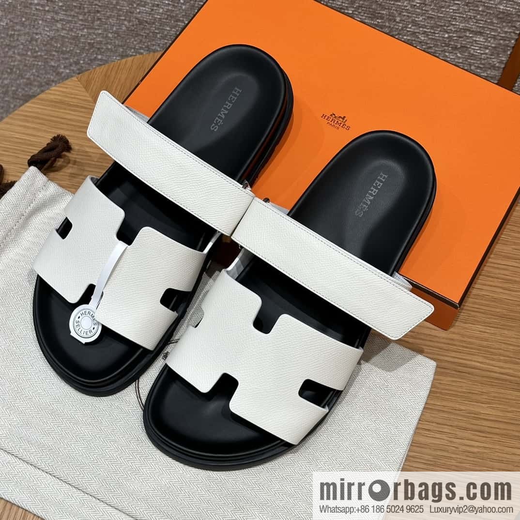 HERMES 180 CHYPRE SANDAL uncle shoes, palm print/Epsom pure white/Blanc