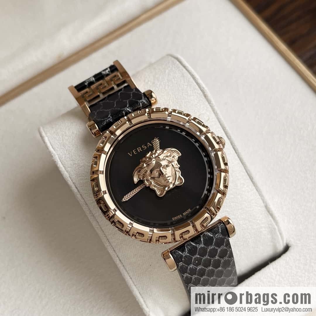 Versace Black Gold Quartz Ladies Watch 34mm PALAZZO Classic Series