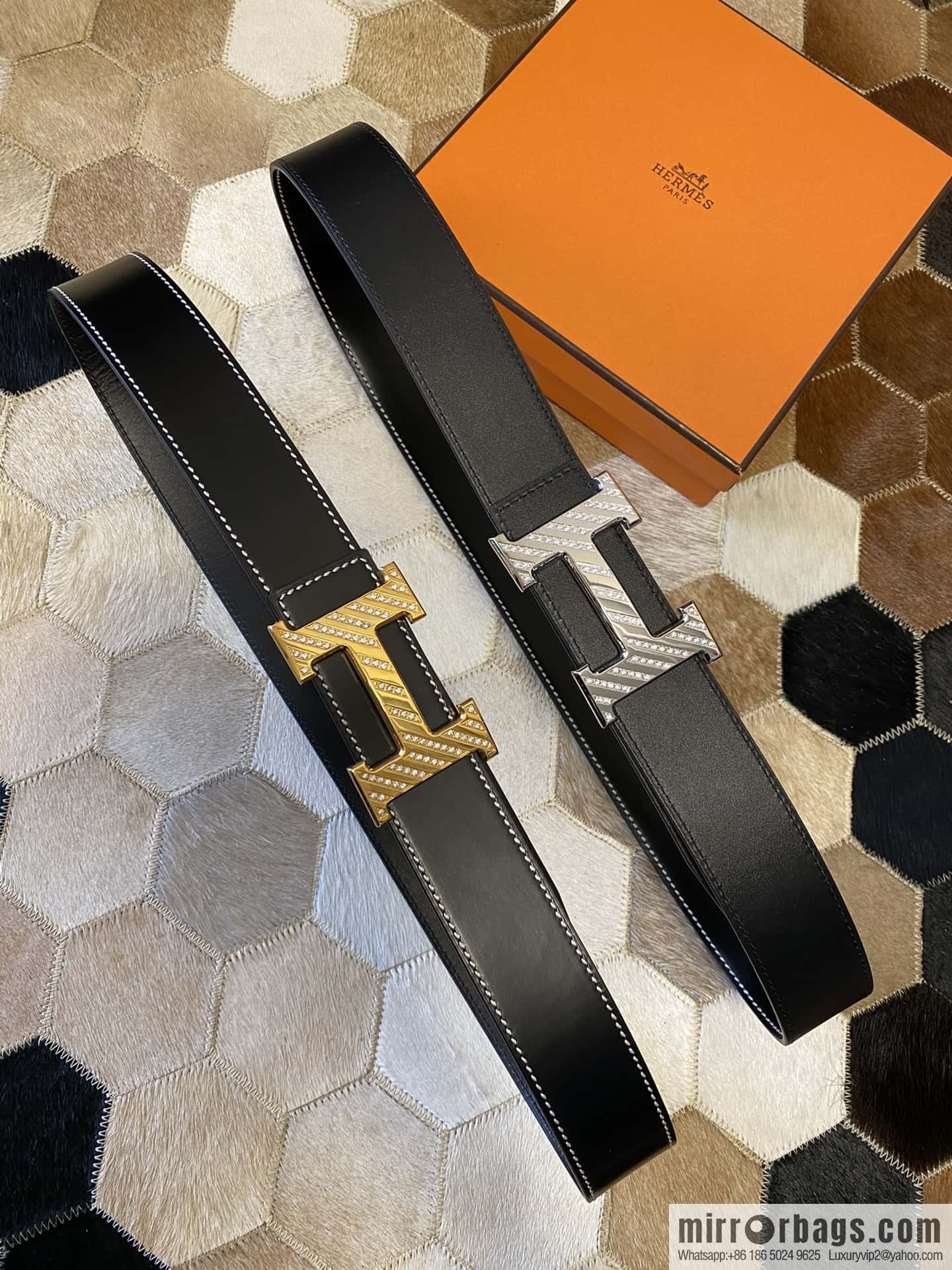 HERMES men's 3.8cm stainless steel inlaid diamond metal buckle with first-layer cowhide double-sided belt