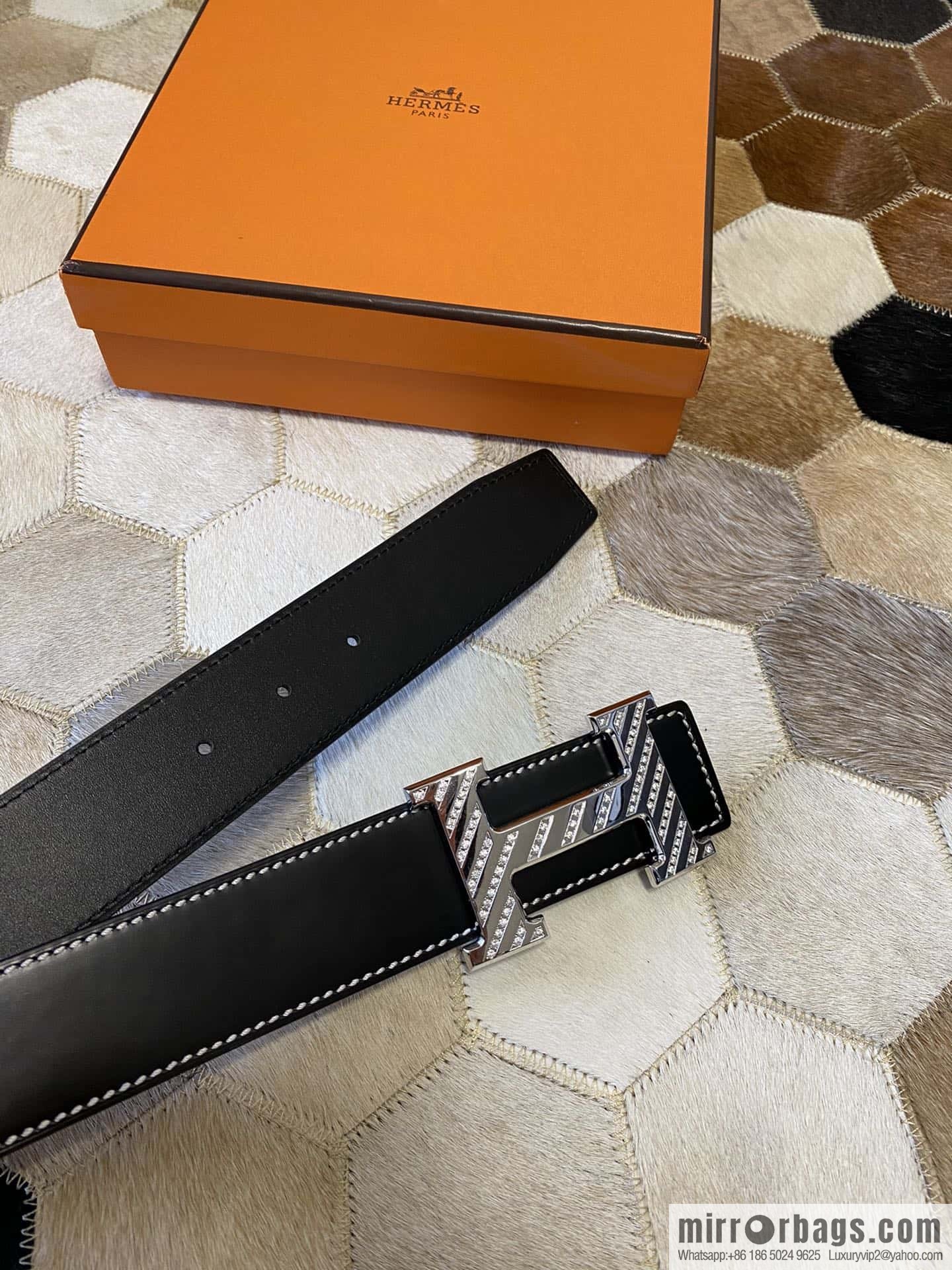 HERMES men's 3.8cm stainless steel inlaid diamond metal buckle with first-layer cowhide double-sided belt