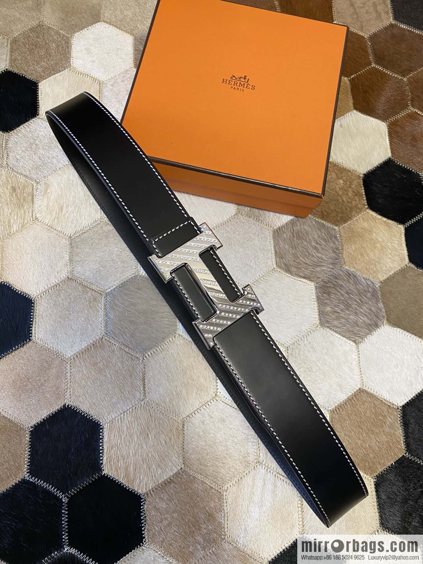 HERMES men's 3.8cm stainless steel inlaid diamond metal buckle with first-layer cowhide double-sided belt