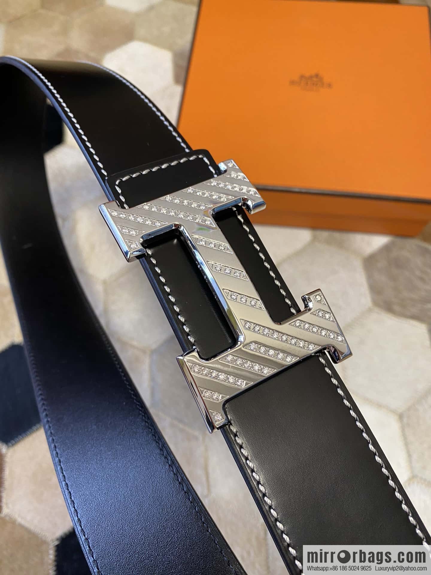 HERMES men's 3.8cm stainless steel inlaid diamond metal buckle with first-layer cowhide double-sided belt