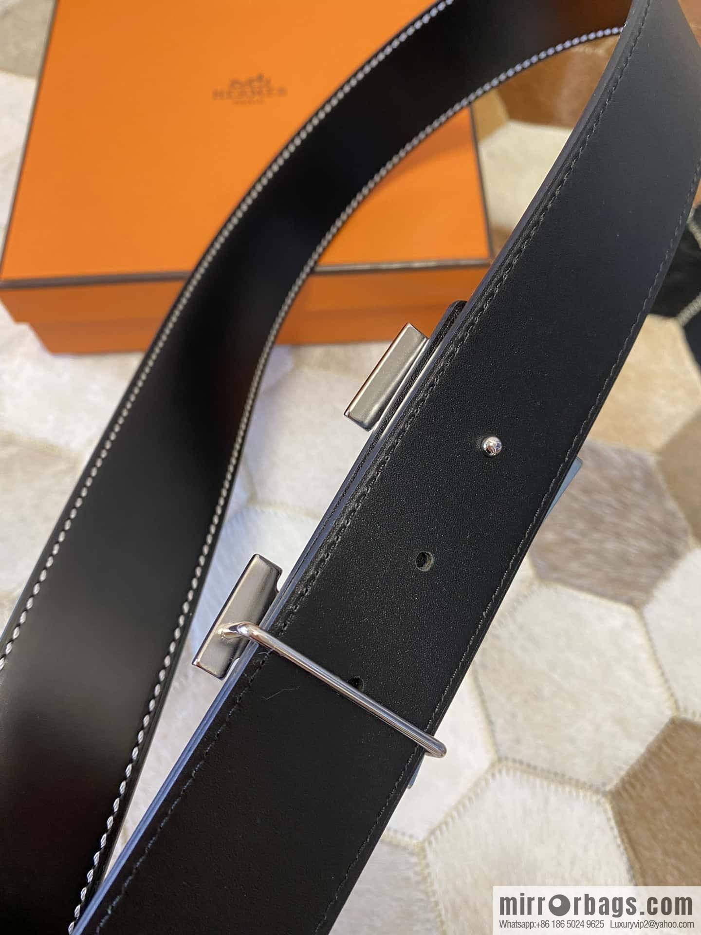 HERMES men's 3.8cm stainless steel inlaid diamond metal buckle with first-layer cowhide double-sided belt