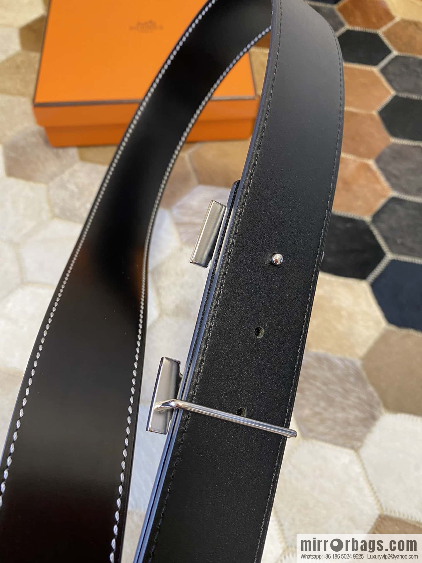 HERMES men's 3.8cm stainless steel inlaid diamond metal buckle with first-layer cowhide double-sided belt