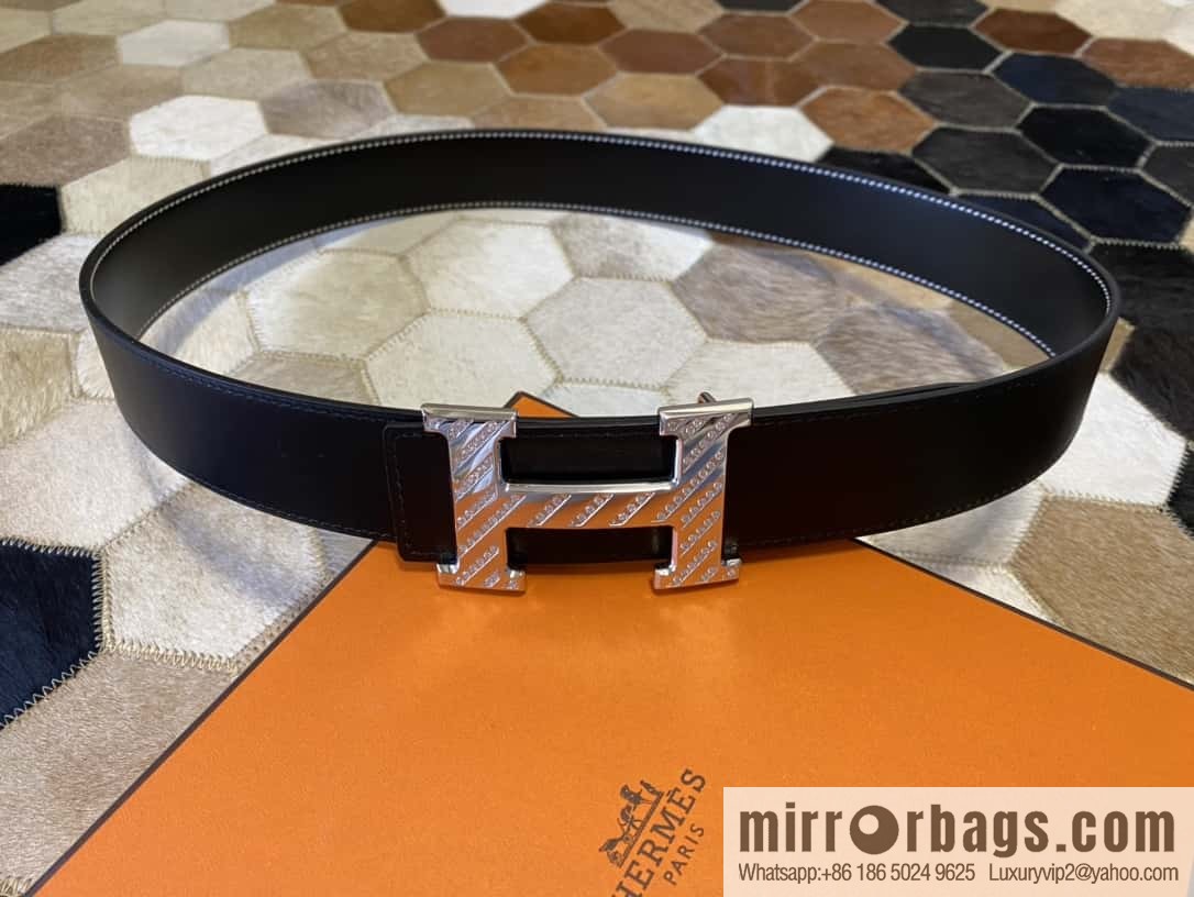 HERMES men's 3.8cm stainless steel inlaid diamond metal buckle with first-layer cowhide double-sided belt