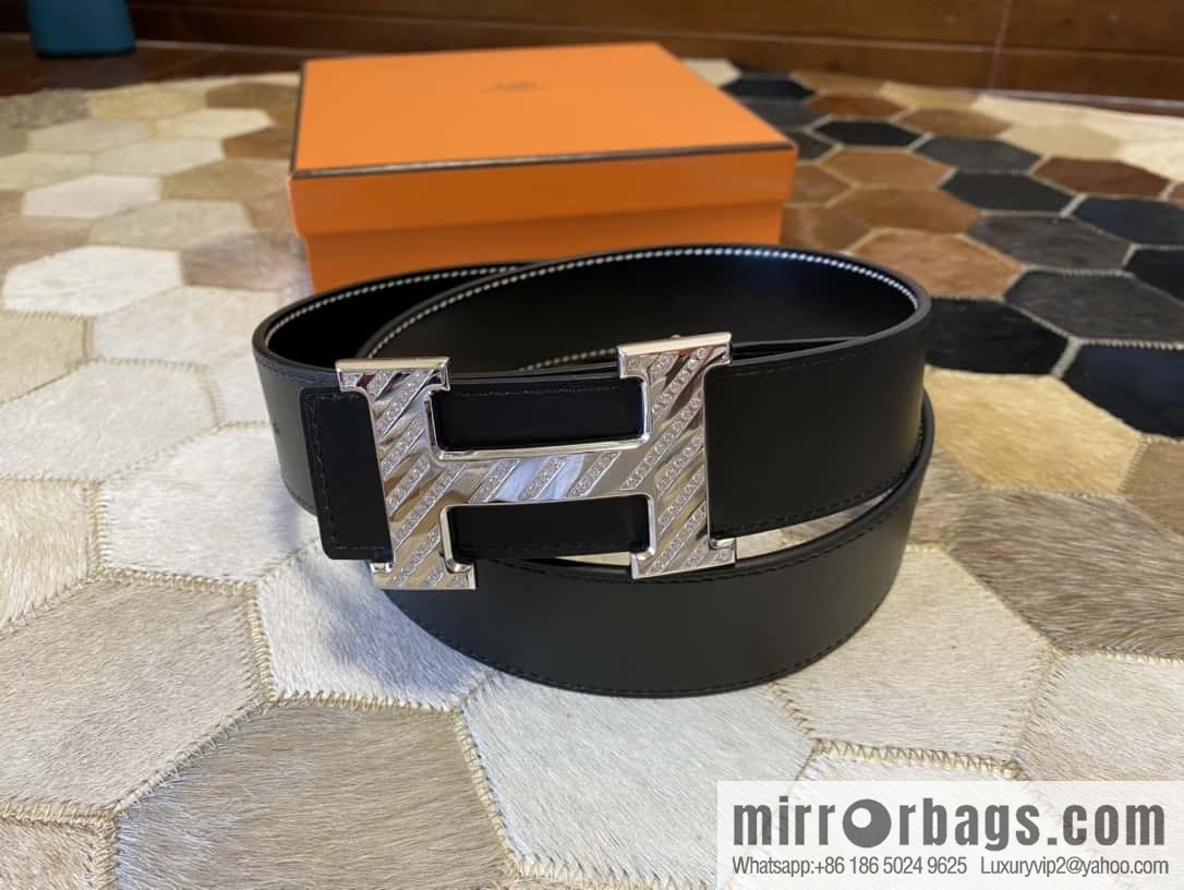 HERMES men's 3.8cm stainless steel inlaid diamond metal buckle with first-layer cowhide double-sided belt