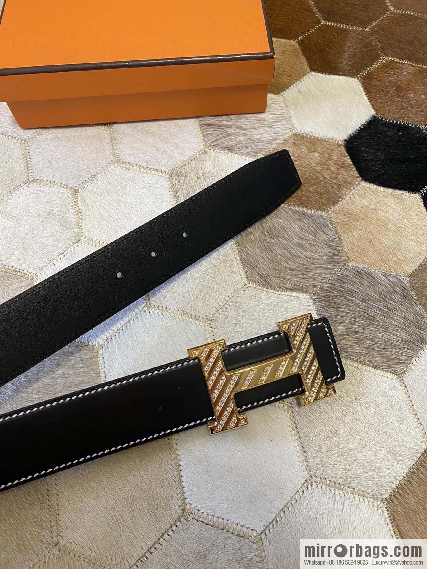 HERMES men's 3.8cm stainless steel inlaid diamond metal buckle with first-layer cowhide double-sided belt