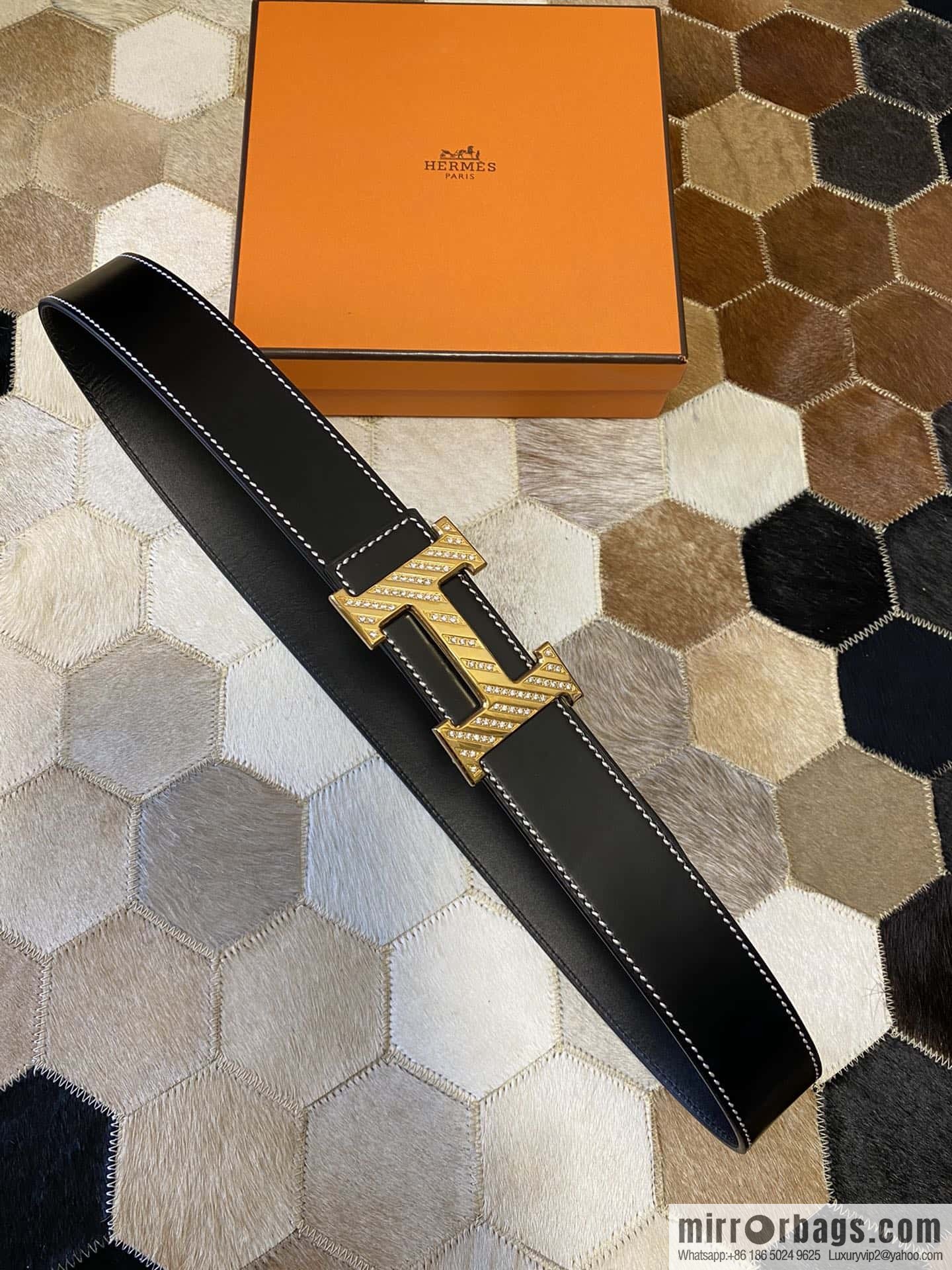 HERMES men's 3.8cm stainless steel inlaid diamond metal buckle with first-layer cowhide double-sided belt