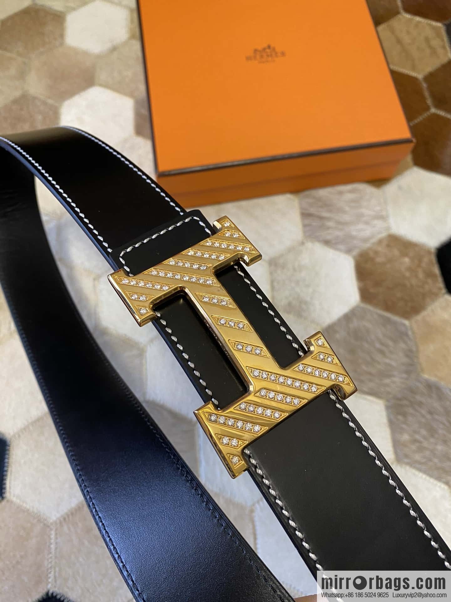 HERMES men's 3.8cm stainless steel inlaid diamond metal buckle with first-layer cowhide double-sided belt