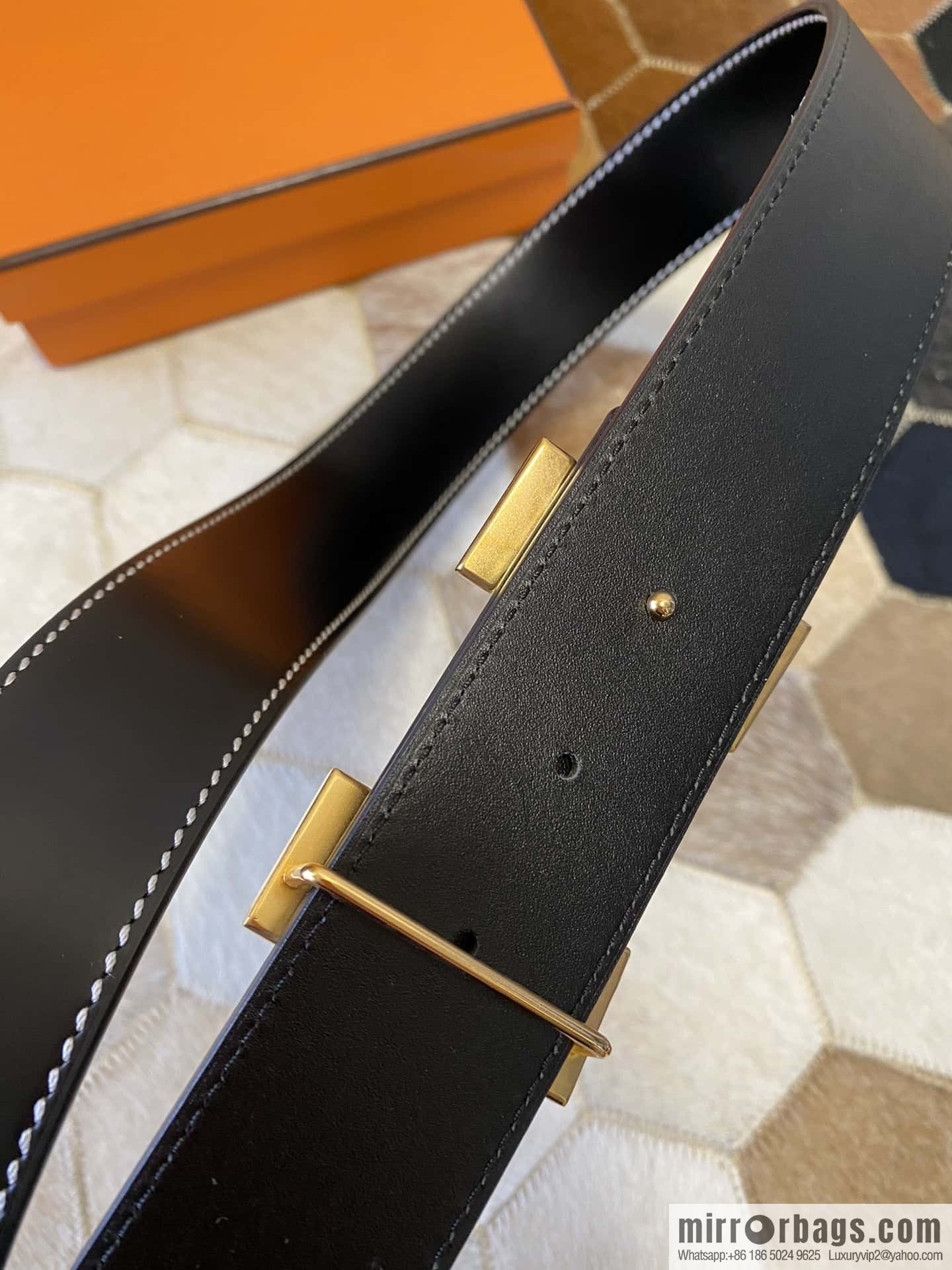 HERMES men's 3.8cm stainless steel inlaid diamond metal buckle with first-layer cowhide double-sided belt