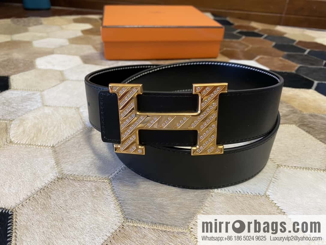 HERMES men's 3.8cm stainless steel inlaid diamond metal buckle with first-layer cowhide double-sided belt