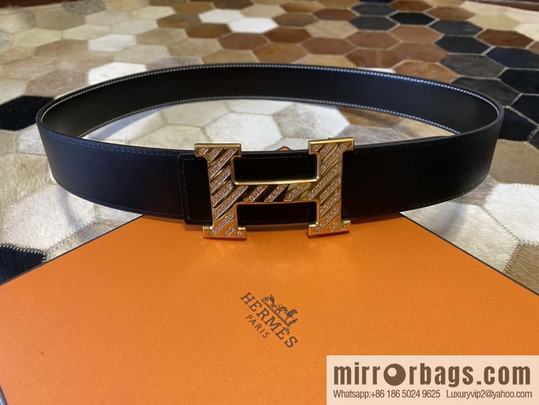 HERMES men's 3.8cm stainless steel inlaid diamond metal buckle with first-layer cowhide double-sided belt