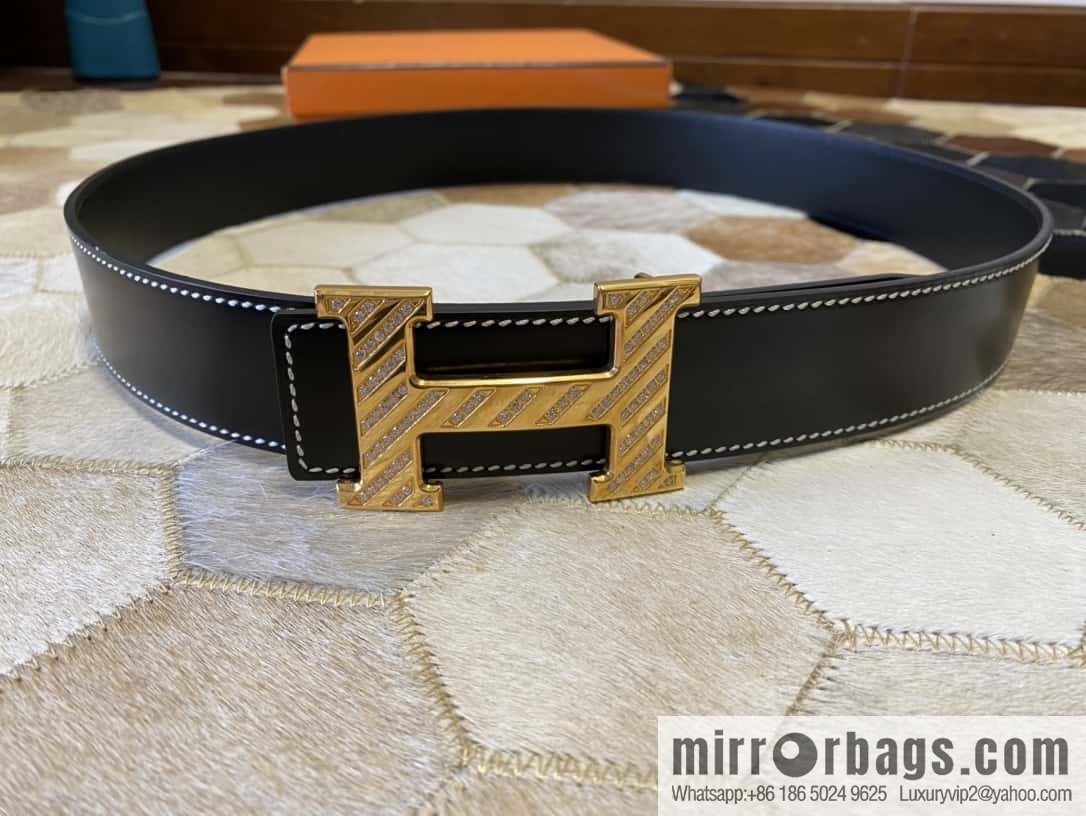 HERMES men's 3.8cm stainless steel inlaid diamond metal buckle with first-layer cowhide double-sided belt