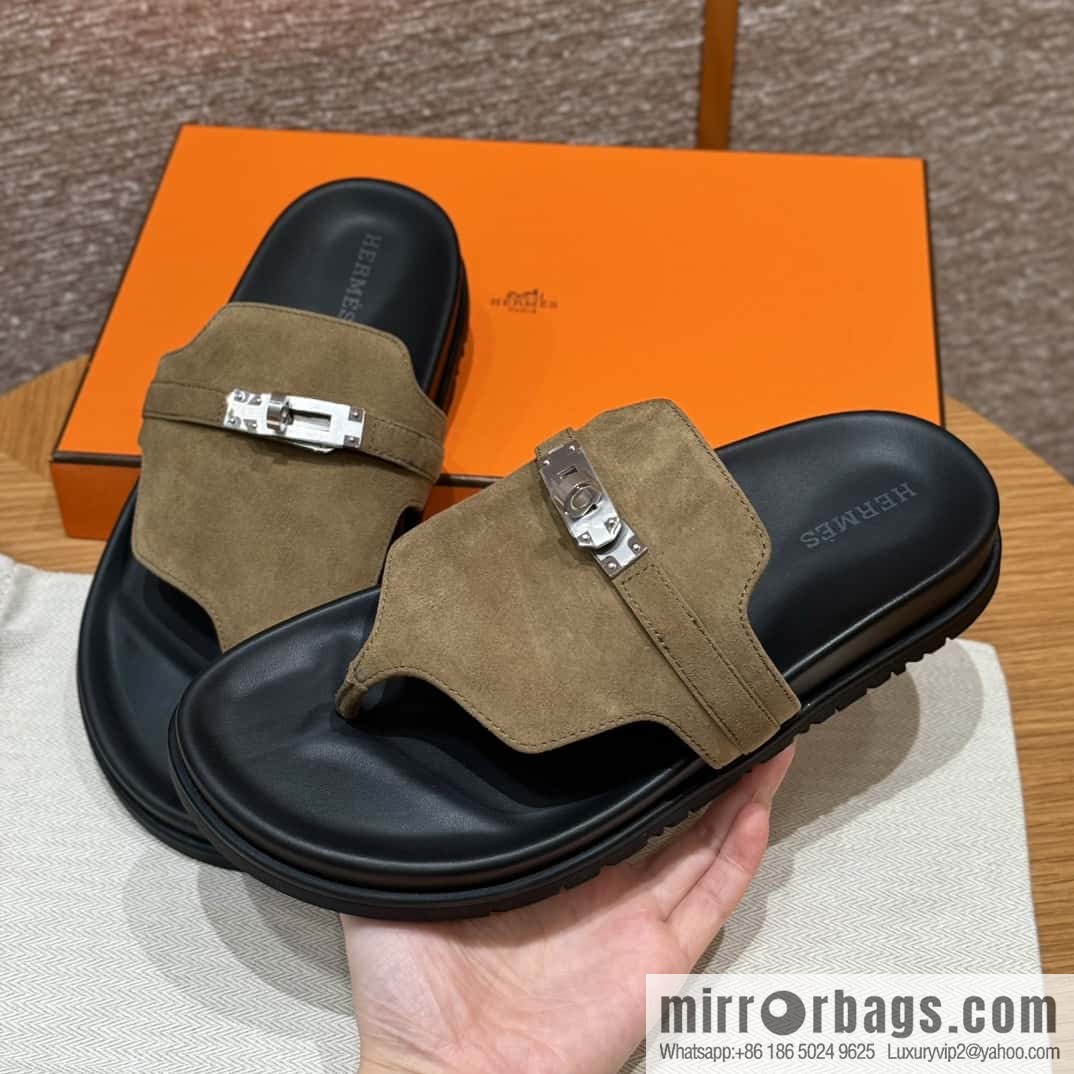 HERMES 258 Empire Pinch Trap, Grayish green/Grayish green suede/Chamois leather
