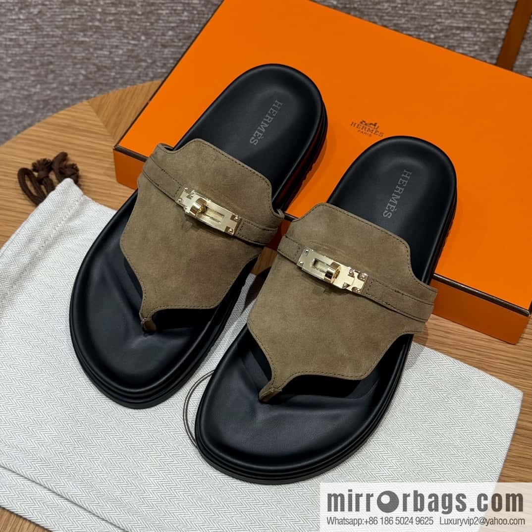 HERMES 258 Empire Pinch Trap, Grayish green/Grayish green suede/Chamois leather