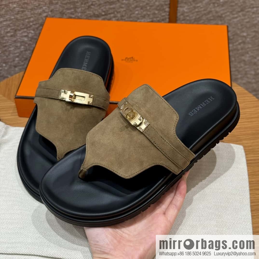 HERMES 258 Empire Pinch Trap, Grayish green/Grayish green suede/Chamois leather