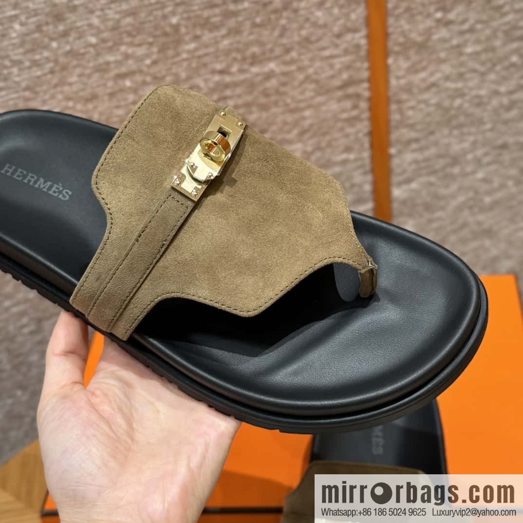 HERMES 258 Empire Pinch Trap, Grayish green/Grayish green suede/Chamois leather