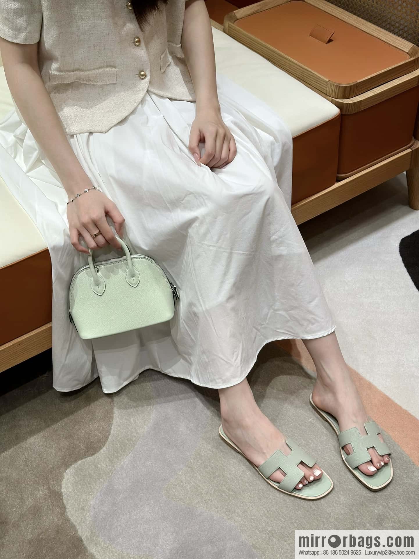 HERMES 181 Oran Sandals, Mint Green/6u/Menthe Palm Print/Epsom