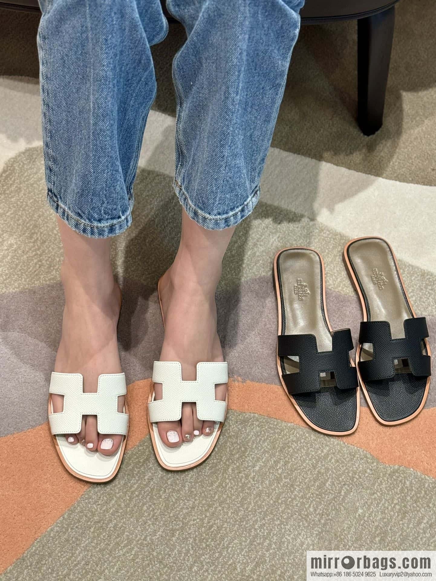 HERMES 181 Oran Slippers 01/Blanc/Pure White Epsom/Palmprint