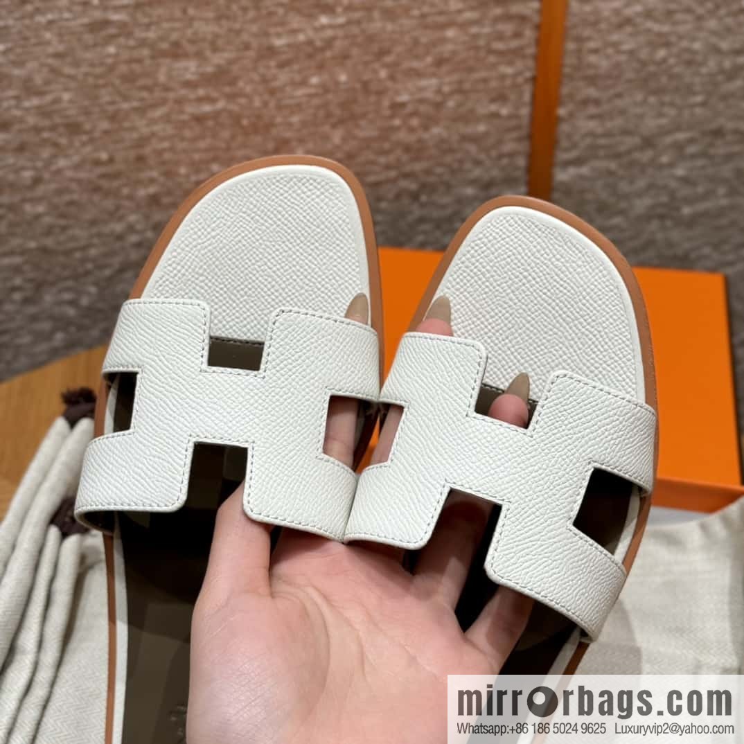 HERMES 181 Oran Slippers 01/Blanc/Pure White Epsom/Palmprint