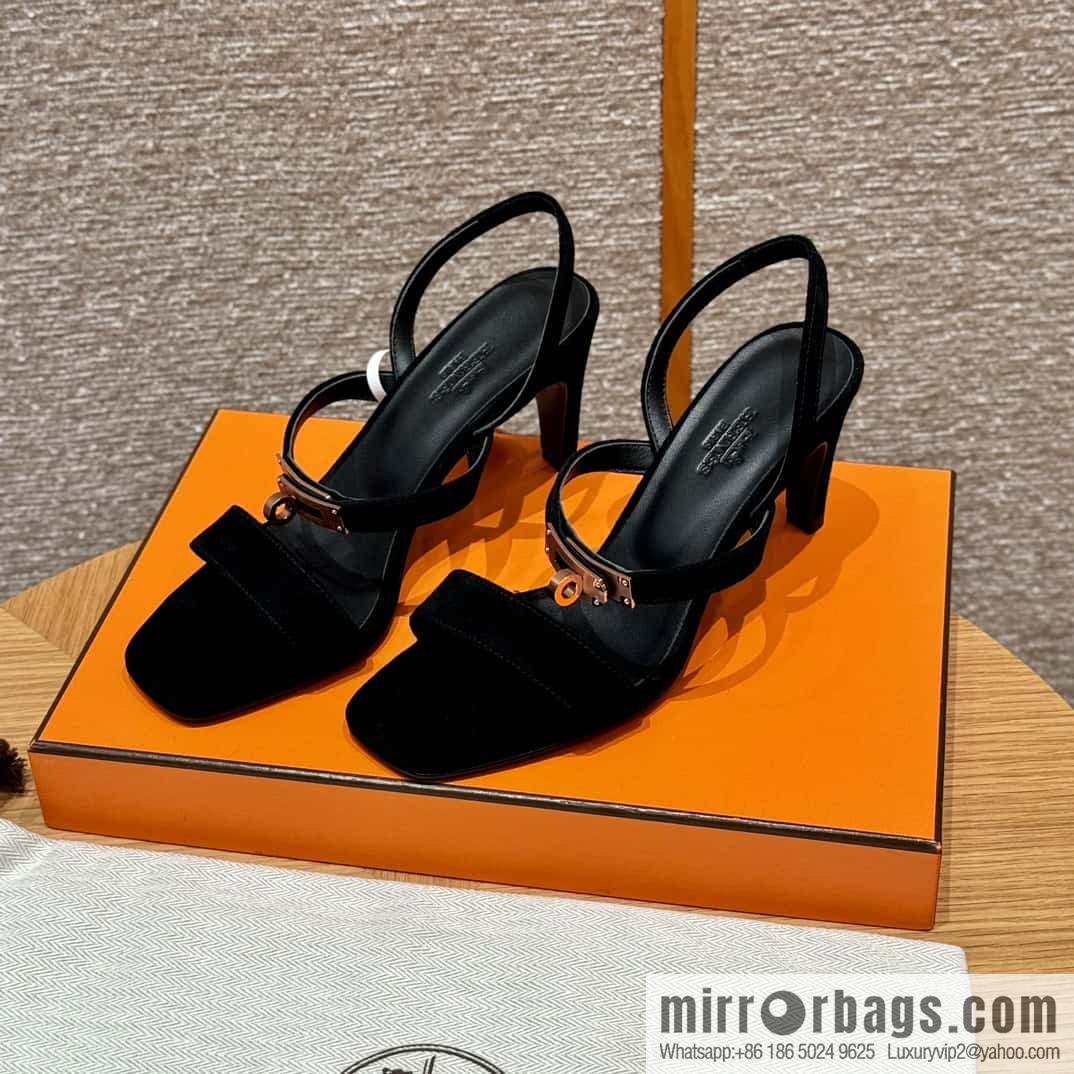 HERMES 160 Glamour sandals 75 ck89/black/black, suede/Chamois leather