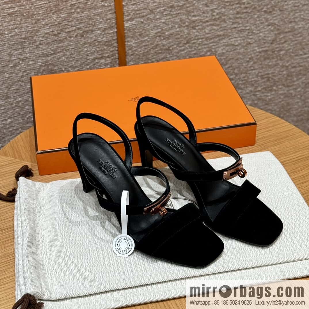 HERMES 160 Glamour sandals 75 ck89/black/black, suede/Chamois leather