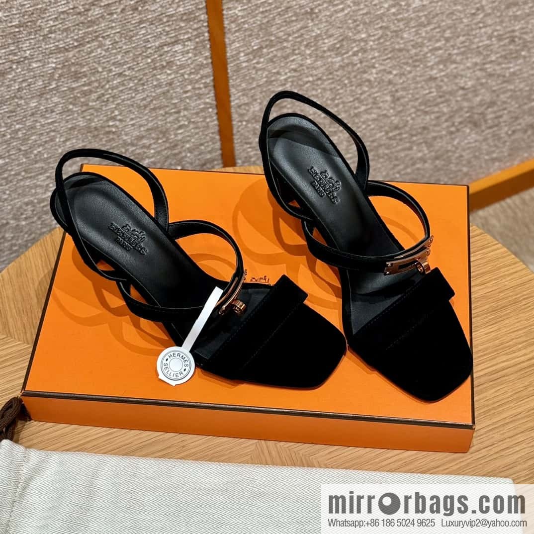 HERMES 160 Glamour sandals 75 ck89/black/black, suede/Chamois leather