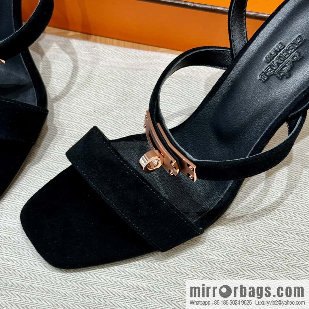 HERMES 160 Glamour sandals 75 ck89/black/black, suede/Chamois leather